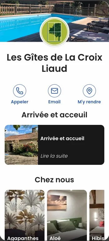 Aperçu sur téléphone du carnet de voyage numérique des Gîtes de La Croix Liaud : appeler, écrire, itinéraire, arrivée et accueil, nos gîtes